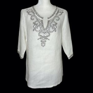 Peck&Peck Linen 3/4 Sleeve Rhinestone V-neck Resort Beach Summer Date Night M